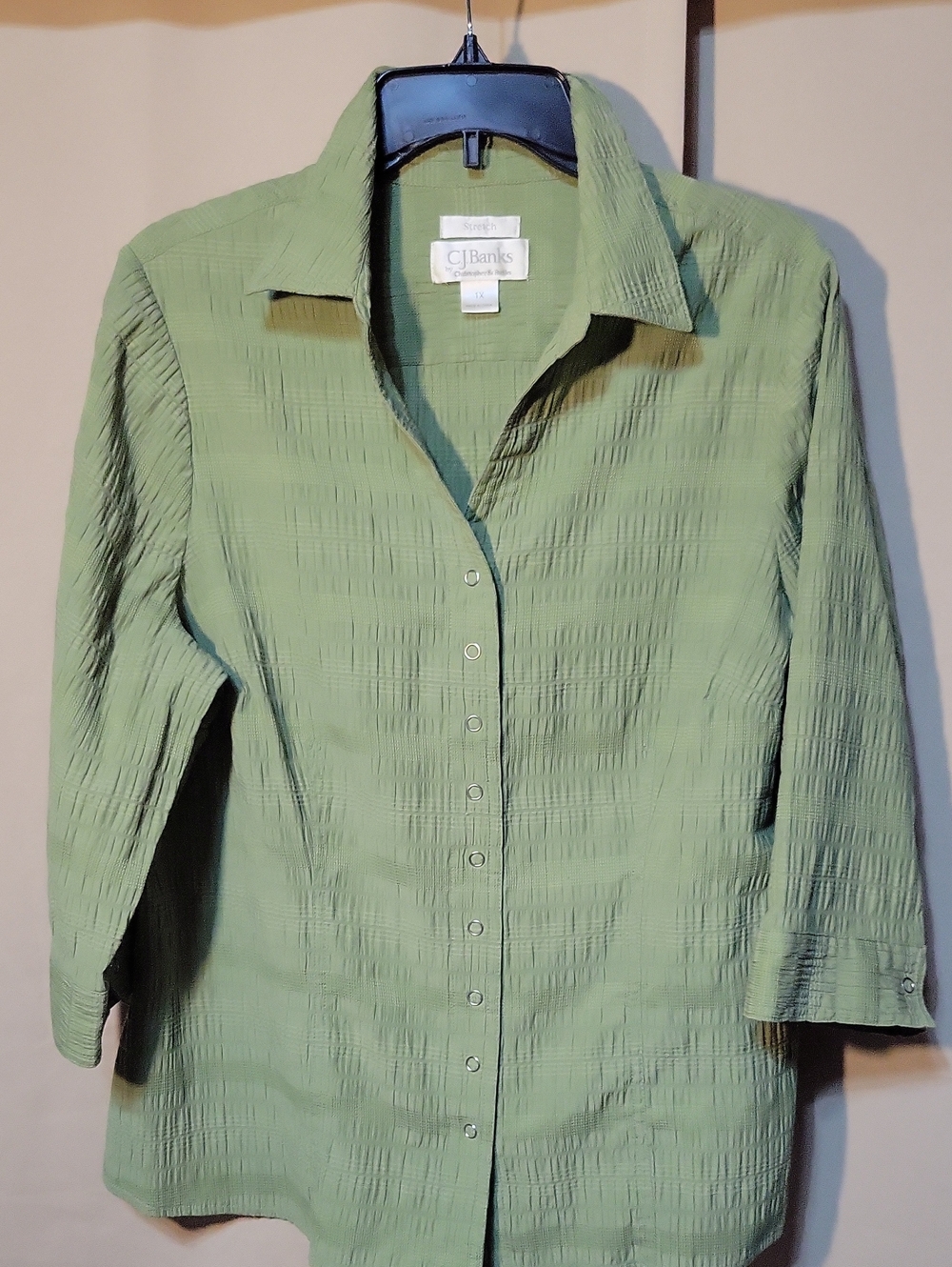 CJ Banks Light Olive Green Crinkle Button-Down Shirt
